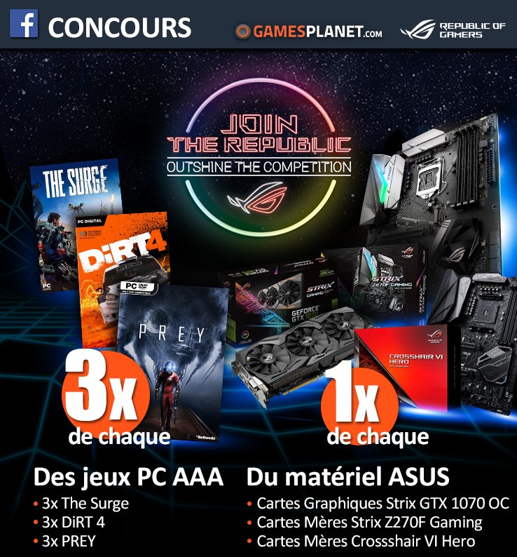 GamesplanetFR's tweet image. 💥💥#CONCOURS 💥💥
Gagne des cartes graphiques GTX 1070, des cartes mères ASUS et les jeux PC : contest.fbapp.io/springsalefr
Bonus karma: RT + LIKE