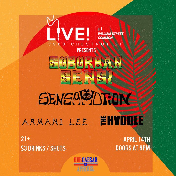 LIVE! at WSC (@livewsc) on Twitter photo Just Announced!
<a href="/SUBURBANSENSI/">Suburban Sensi</a> & <a href="/SensaMotionBand/">SensaMotion</a>
April 14th | 8pm
W/ <a href="/ArmaniLeeMusic/">Armani Lee</a> & <a href="/TheHvddle/">The Hvddle</a>
Tix: bit.ly/Reggae__ Just Announced!
<a href="/SUBURBANSENSI/">Suburban Sensi</a> & <a href="/SensaMotionBand/">SensaMotion</a>
April 14th | 8pm
W/ <a href="/ArmaniLeeMusic/">Armani Lee</a> & <a href="/TheHvddle/">The Hvddle</a>
Tix: bit.ly/Reggae__