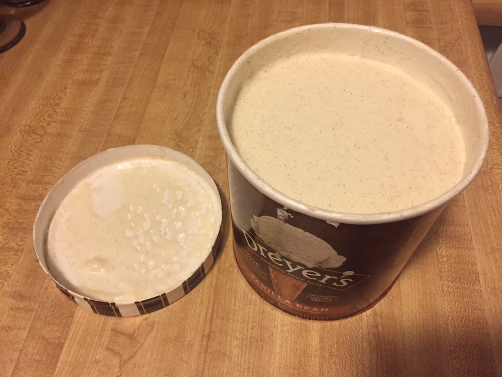 shiplc12's tweet photo. Forgive me @Dreyers for I have sinned. I left the ice cream out over night. #suchwaste #imsorry #icecreamsadness #fauxtragedy https://t.co/GkPK3Q36xD