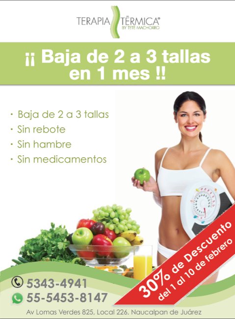 Baja de 2 a 3 tallas en un mes sin hambre gracias al sistema de Terapia Térmica.

Conoce los beneficios aquí 👉 goo.gl/hIXg9B