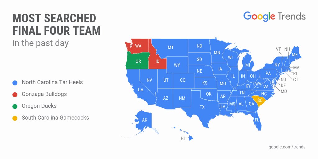 GoogleTrends's tweet photo. .@UNC_Basketball in the lead! See the most searched #NCAA team by state in the past day. #MarchMadness https://t.co/A64GrsXUub