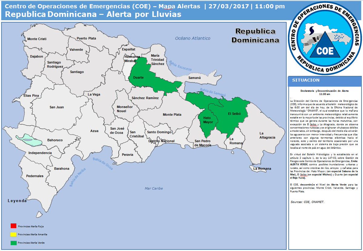 INDRHIRD's tweet photo. Todo ha vuelto a la normalidad.
Condiciones del tiempo comienzan a mejorar; @COE_RD disminuye nivel de alerta.
Aquí el #MapaDeAlertas. https://t.co/MV6X40qAyp