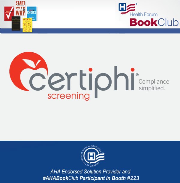 AHACtrHlthInnv's tweet photo. Protect patients, staff & visitors @Certiphi applicant screening & drug testing data. Booth 223 #HCCAci https://t.co/zLPwnQfndO #AHABookClub https://t.co/r82GgyQdQu