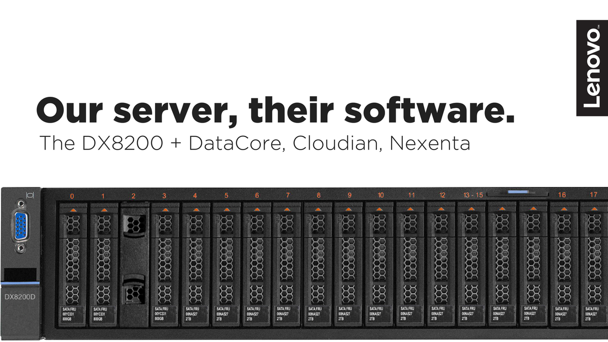 Lenovodc's tweet photo. Our servers, their storage. Pick up a #DX Series and get #SDS with @Cloudian, @Nexenta or @DataCore. https://t.co/QblHYVTJCu. #TakeYourPick https://t.co/BBh1oeb0fY