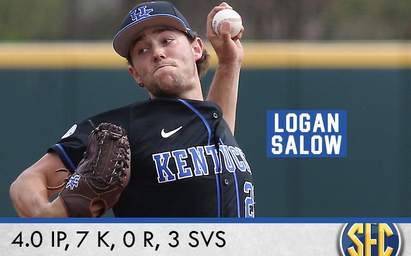 SEC's tweet photo. Three saves in three appearances. Has gone 24 consecutive batters w/out allowing a hit or a walk.

#SECBSB Pitcher of the Week–@logansalow28 https://t.co/FWjngHij1a