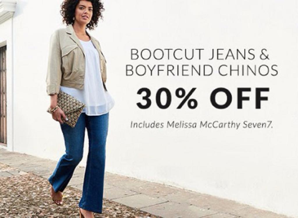Shop in store <a href="/lanebryant/">Lane Bryant</a> and take 30% off bootcut jeans and boyfriend chinos. Now - Thursday, 3/30.