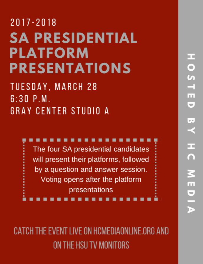 HCMediaOnline's tweet photo. Come to the Gray Center tomorrow at 6:30 to see all of the @Hastingsbroncos SA presidential candidates present their platforms. https://t.co/nSvTB96RBc