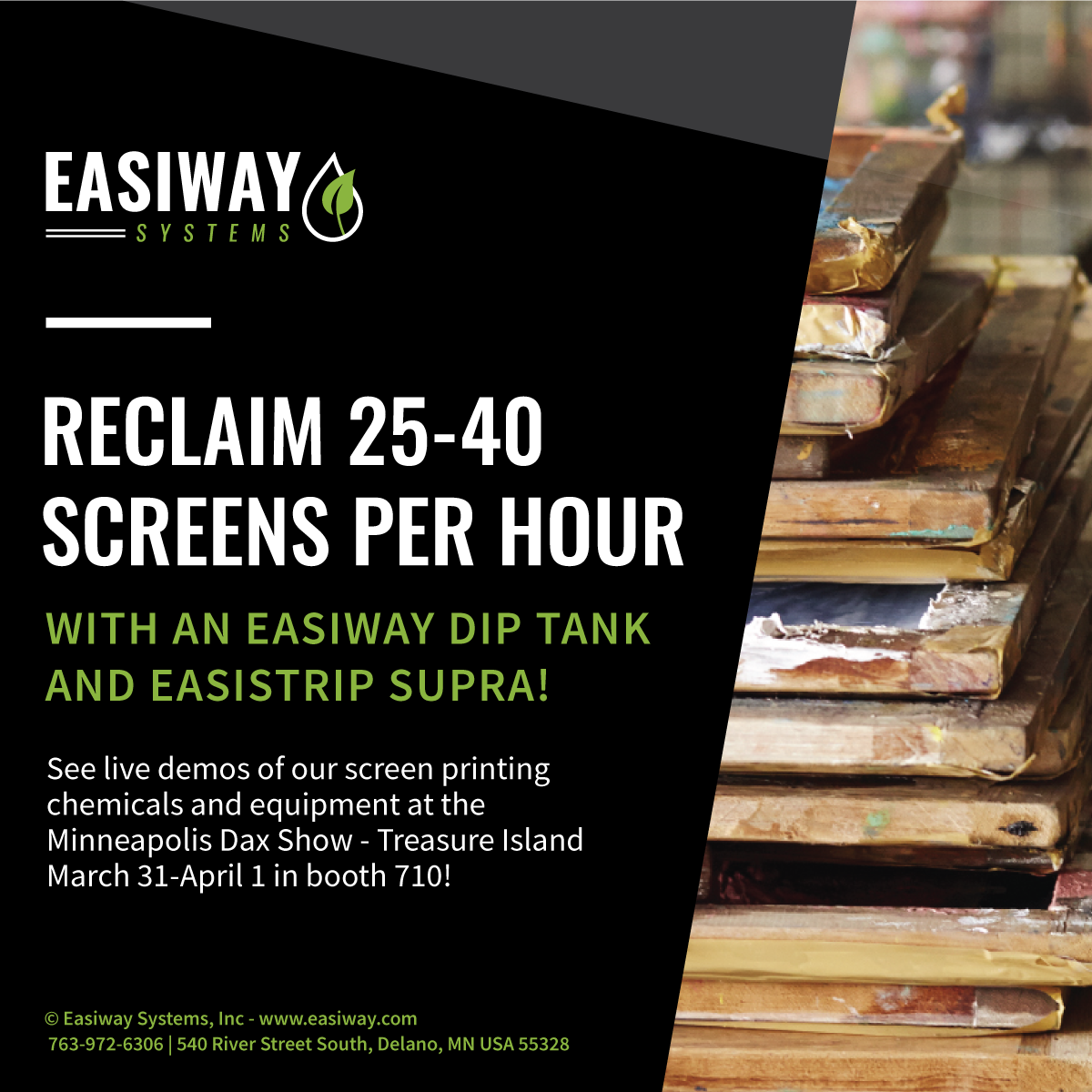 EasiwaySystems's tweet photo. Easiway will be attending #DAXMN later this week! Stop by and see us in booth 710 for all your reclaiming product and equipment needs! https://t.co/JXoVQNc0gF