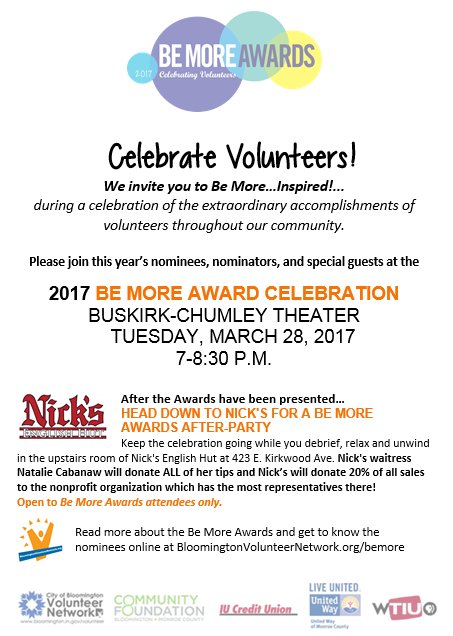 Come out to the Be More Awards tomorrow from 7-8:30 at the Burskirk Chumley Theater & then join us at the after party at @NicksEnglishHut!