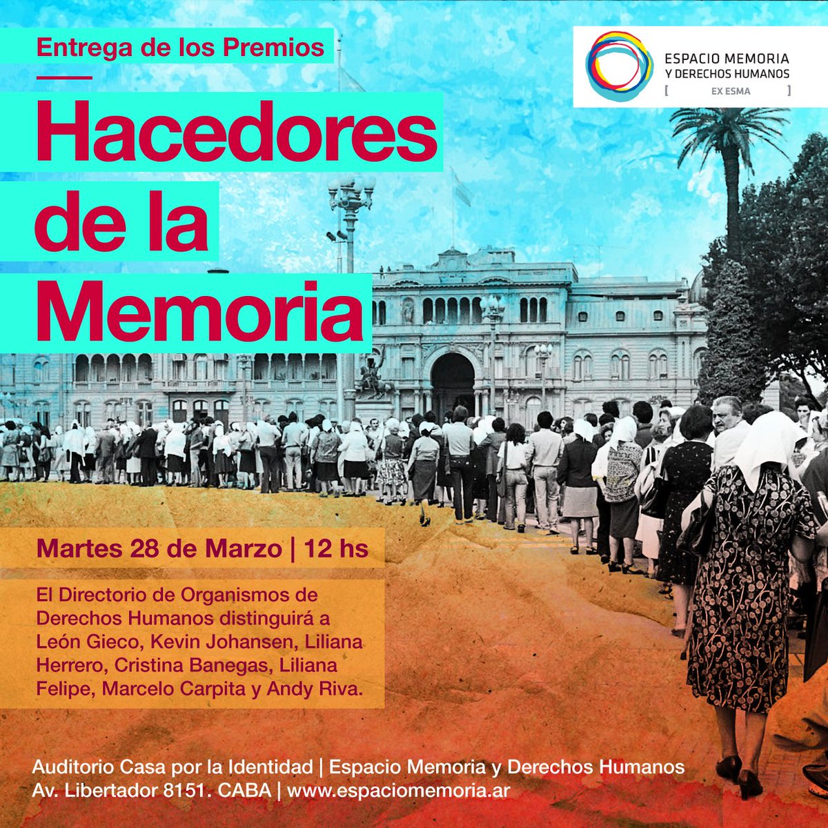 Mañana|12hs
Organismos de DDHH premiarán a León Gieco, Liliana Herrero, Liliana Felipe, Kevin Johansen, Cristina Banegas, A.Riva y M.Carpita