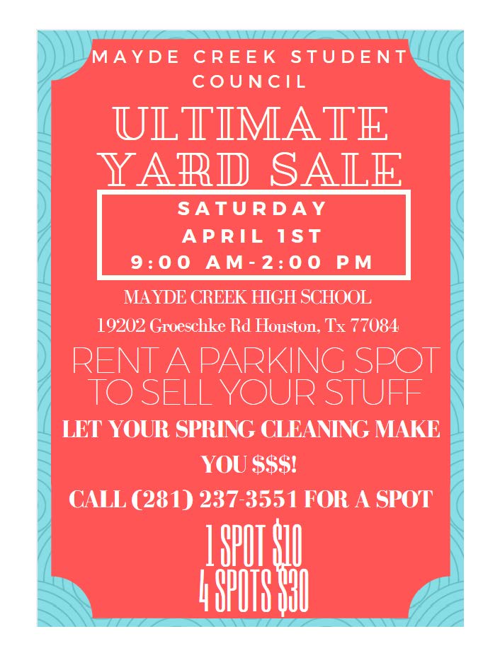 Hey Katy, make some $$ off of your spring cleaning! The <a href="/MCHS_Rams/">RamNation</a> are hosting the Ultimate Yard Sale this Sat, 4/1: bit.ly/2na2U4J
