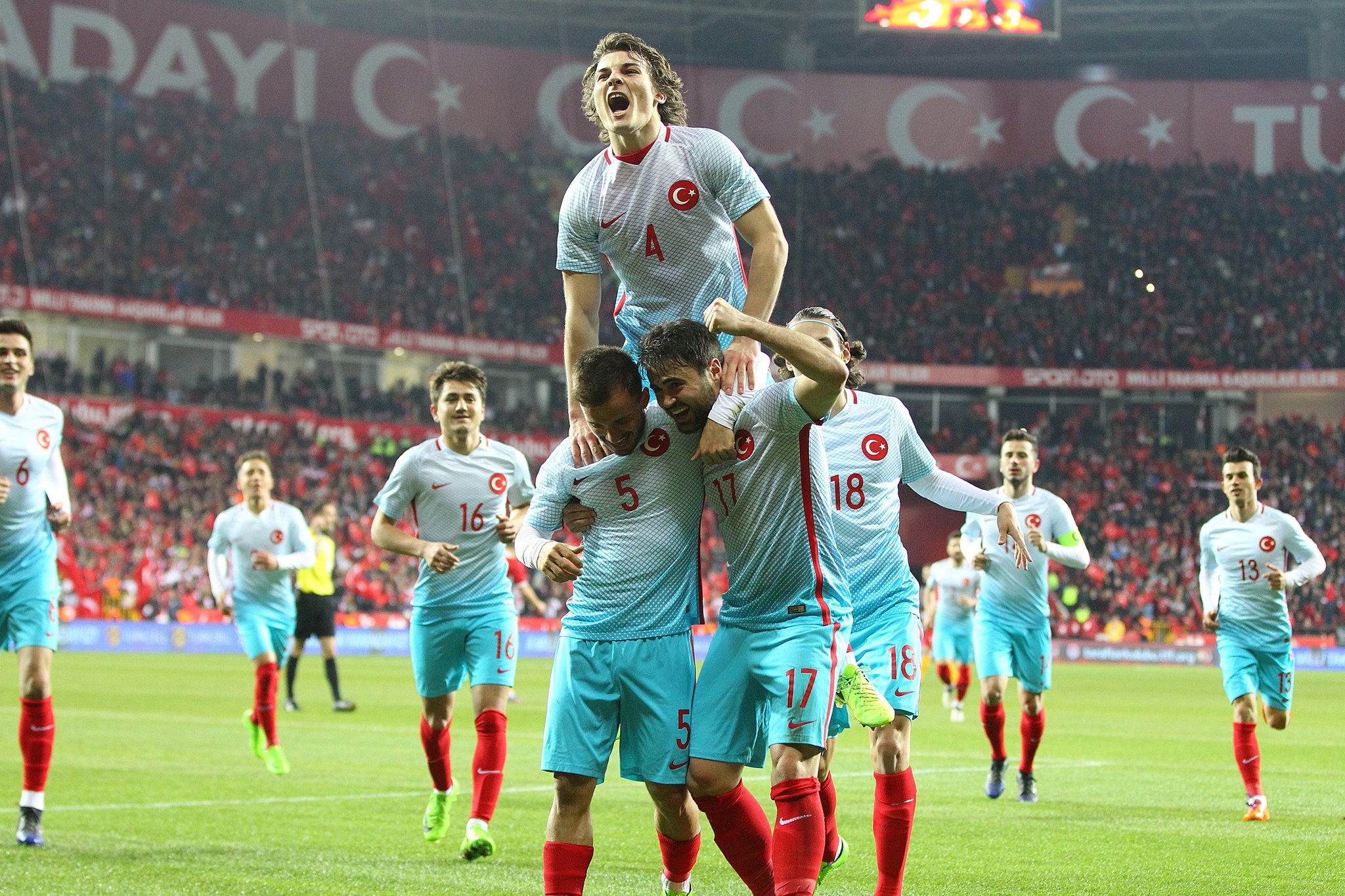 The Turkish players celebrate a goal against Moldova in March; photo: TFF