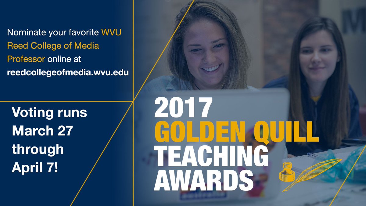 WVUMediaInno's tweet photo. Last chance! Nominate your favorite prof for a 2017 @wvumediacollege Golden Quill Teaching Award. Voting ends today! https://t.co/PGEVFlxq4v https://t.co/NZmvxFm8Gw