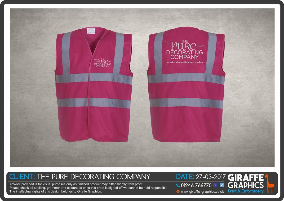 puredecorating's tweet photo. Raspberry hi viz vests thanks to @Giraffegraphic .. they look amazing #decorator #sheffield #thetradehub https://t.co/bn2td3Me7w