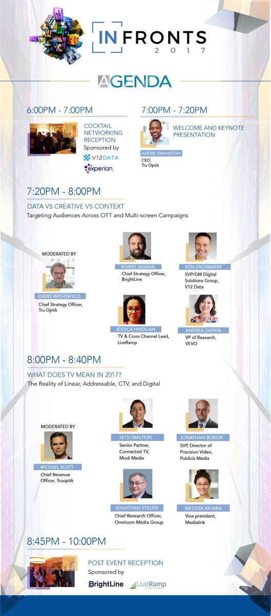 infronts's tweet photo. Agenda announced for @infronts 2017! Thank you to all our sponsors @BrightLine_TV @ExperianMkt @LiveRamp @TruOptik @V12Data! #INFronts2017 https://t.co/w1sj4Zf0wH