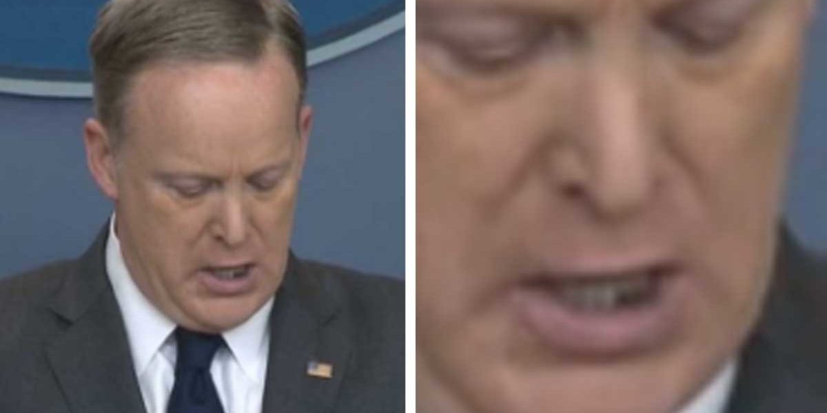 HuffPost's tweet photo. Sean Spicer just held a press conference with food in his teeth ☹️ https://t.co/djMxV77kjP https://t.co/PGA6ycdsgP