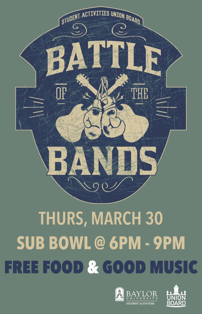 Join us this Thursday, March 30 in the SUB Bowl for BATTLE OF THE BANDS featuring FREE <a href="/DavesBurgerBarn/">Dave's Burger Barn</a> and tons of good music!!! 6pm-9pm!!!
