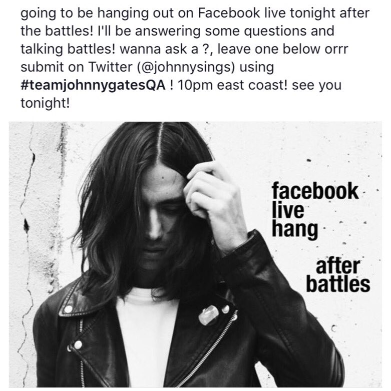 runawaysaints's tweet photo. Live hang session tonight with @JohnnySings #teamjohnnygates #teamgwen #thevoice @NBCTheVoice https://t.co/d6Myzq0Odz