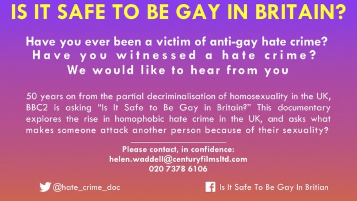 BBC doc looking to speak with people, in confidence who've experienced #homophobia  #hatecrime in UK. Get in touch!