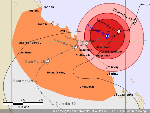 NQFloodUpdate's tweet photo. #TCDebbie estimated to be 105km east northeast of Bowen and 75km north northeast of Hamilton Island. @Studio10au https://t.co/A1HLdvavrE https://t.co/PRs2rO8SMI