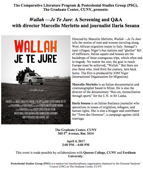 psg_cuny's tweet photo. Wallah- Je Te Jure ( Screening and Q&amp;A)
Tuesday 4th April, 2-4pm, Rm 5414, The Graduate Center CUNY. https://t.co/kjmioJ6djC