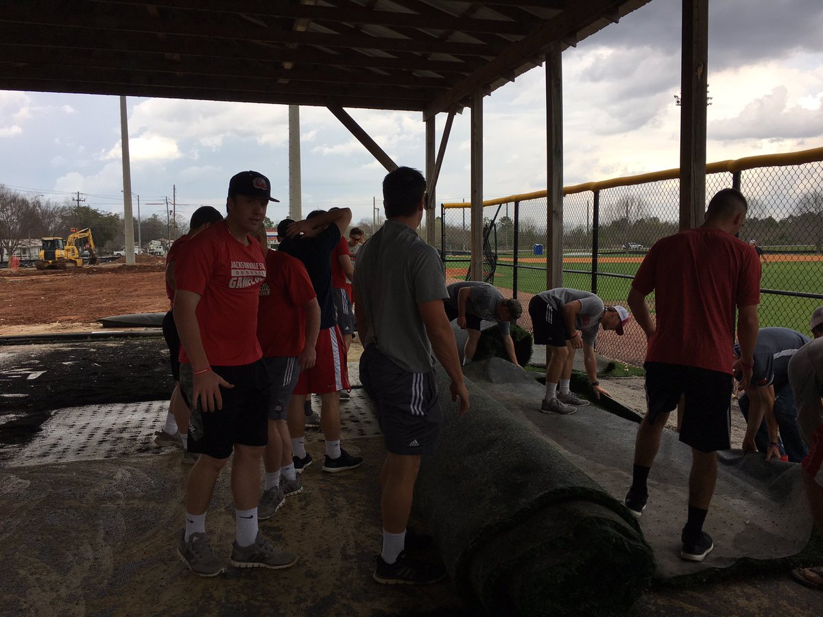 The Gamecocks are taking up the turf at the covered batting cage as work continues on the new stadium