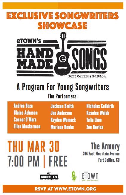 eTownRadio's tweet image. eTown&apos;s sixth edition of Handmade Songs is happening at the #FortCollins Armory this Thu, 3/30 @ 7! RSVP here: bit.ly/2oqXd3G