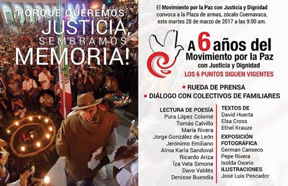 Programa "A 6 años del <a href="/MxLaPazMx/">MovimientoxPazMéxico</a>", mañana en la Ofrenda de las Víctimas en, zócalo de Cuernavaca, a partir de las 9 am