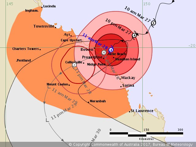 BOM_Qld's tweet photo. Latest #CycloneDebbie track. Crossing expected early this afternoon. Stay informed with hourly updates from https://t.co/FBmpsInT9o https://t.co/5VQs4Fy3sS