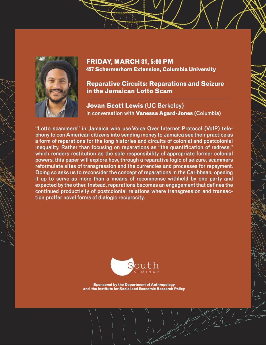 Small Axe (@smallaxeproject) on Twitter photo Join us in welcoming Jovan Scott Lewis (UC Berkeley) in conversation with Vanessa <a href="/agardjones/">Vanessa Agard-Jones</a> (Columbia) @ 5pm this Friday March 31in NYC! Join us in welcoming Jovan Scott Lewis (UC Berkeley) in conversation with Vanessa <a href="/agardjones/">Vanessa Agard-Jones</a> (Columbia) @ 5pm this Friday March 31in NYC!