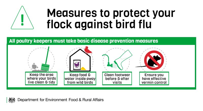 DefraGovUK's tweet photo. #Birdflu is still a risk. Make sure you're still maintaining appropriate disease prevention measures @smallfarmforum https://t.co/RGjksLBRAC https://t.co/tBICT63gCi