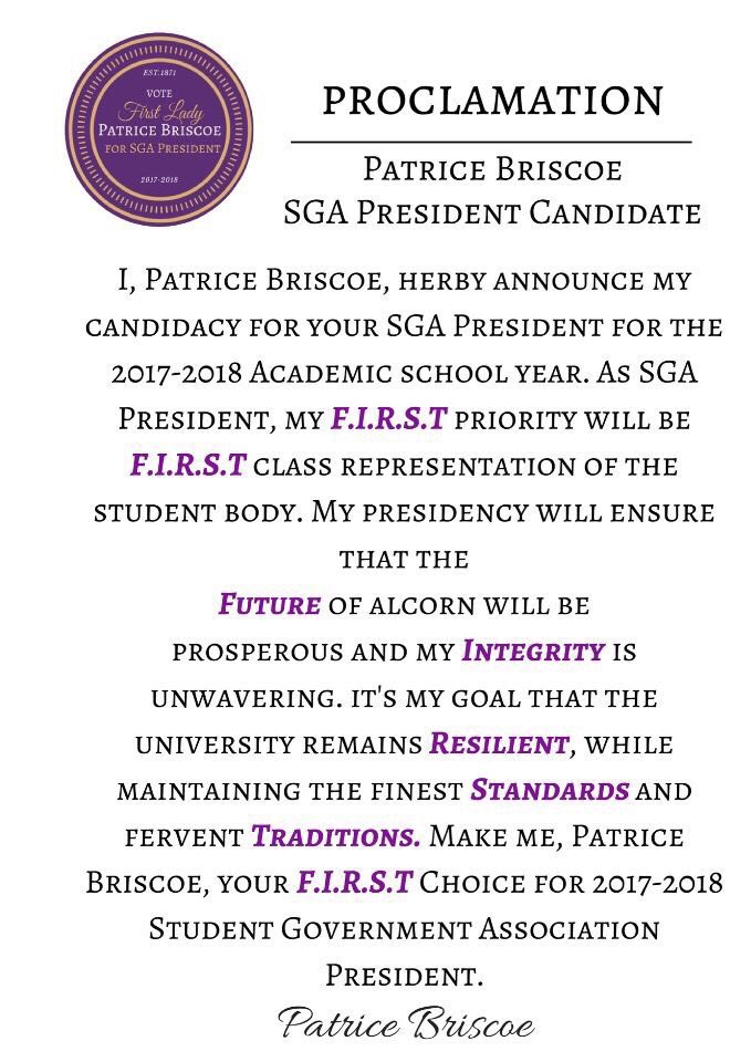 SpotlightHBCU's tweet photo. Vote First Lady Patrice Briscoe for your 2017-2018 Student Government Association President! #PatriceforPres #AlcornU https://t.co/MDuUrr7aQo