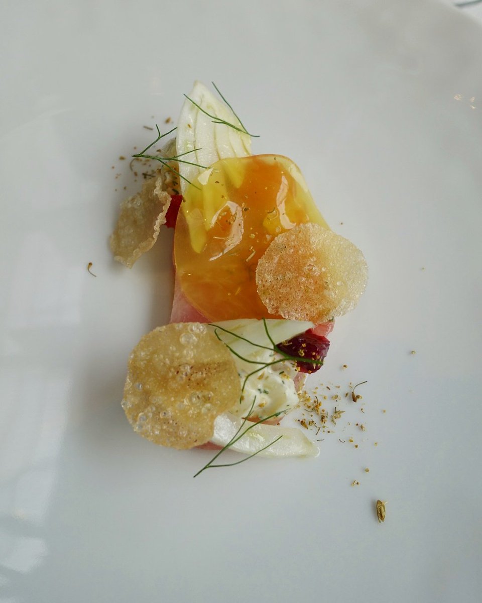 DannyJHoang's tweet photo. Yuzu marinaded Hamachi, fennel, blood orange and fried brik. @THEMODERNnyc #2michelinstar https://t.co/GKoDCUR0MV