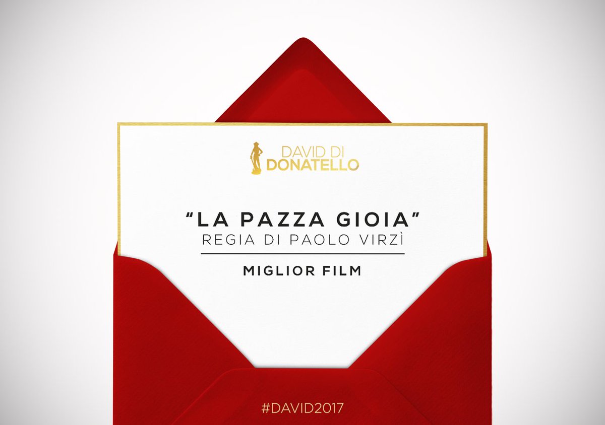 PremiDavid's tweet image. Premio Miglior Film a #LaPazzaGioia di Paolo Virzì - #David2017