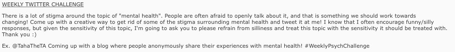 TahaTheTA's tweet photo. Here is this week's #WeeklyPsychChallenge! The discussion board question is also up, and both are due FRIDAY @ 12 PM as usual! :) https://t.co/kvyj4F1rt8