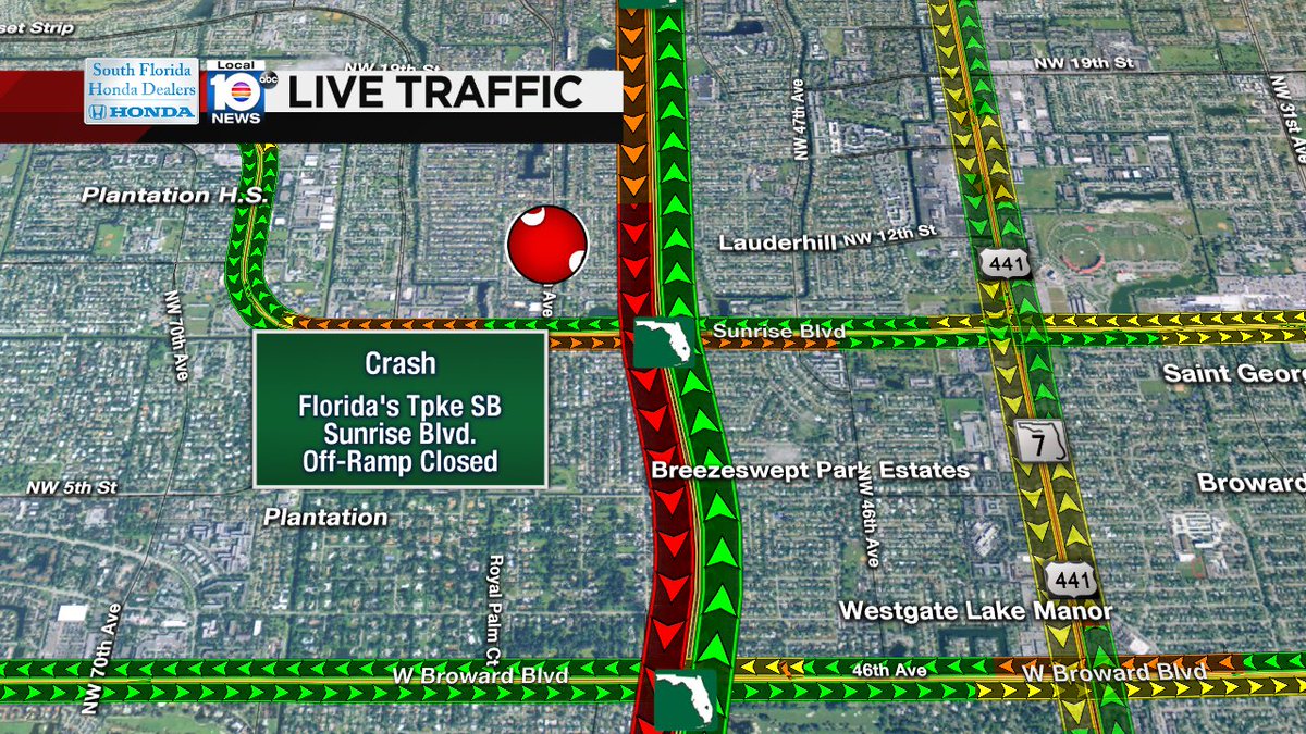 CRASH: Florida's Tpke SB & Sunrise Blvd. A crash has closed the off-ramp. #TRAFFIC https://t.co/F91LDU8RsQ