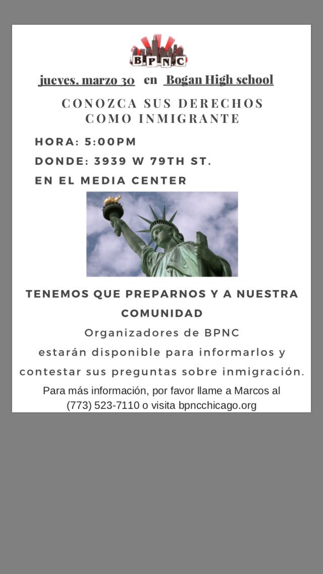 mbcorres's tweet photo. Know your rights as an immigrant workshop.Join us 3/30 at Bogan at 5pm. Thank you @BPNCchicago for helping the community! @BoganBengal79 https://t.co/uoLKwpWNn7