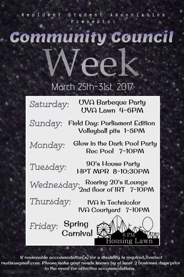 rsafau's tweet photo. RSA is celebrating Community Council Week! Come out to these events hosted by your residence hall councils throughout the week! https://t.co/f2aWnI79wX