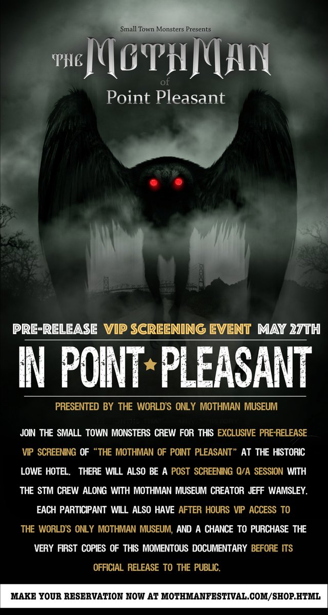 mothmanfestival's tweet photo. Pre-release VIP screening of the "Mothman of Point Pleasant." Get your seats reserved now bc they will go fast. https://t.co/KaL9r3Dxuv https://t.co/yfAZwVVHz7