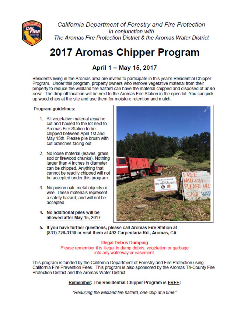 ATCFire's tweet image. The Aromas Chipper Program is back beginning April 1!  Click the link or call/visit the firehouse for more details.
