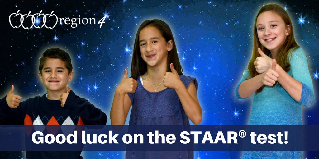 Region4ESC's tweet photo. Good luck to all of the Region 4 students taking #STAAR tests this week! We are confident that your teachers have prepared you well! #TxEd https://t.co/eJG8lM7ddl