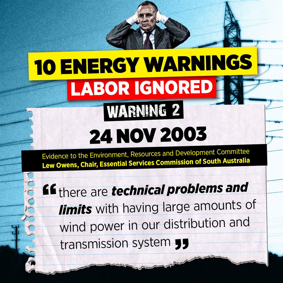 Ten electricity warnings that the SA Labor Government ignored. Number 2 - Lew Owens #saparli