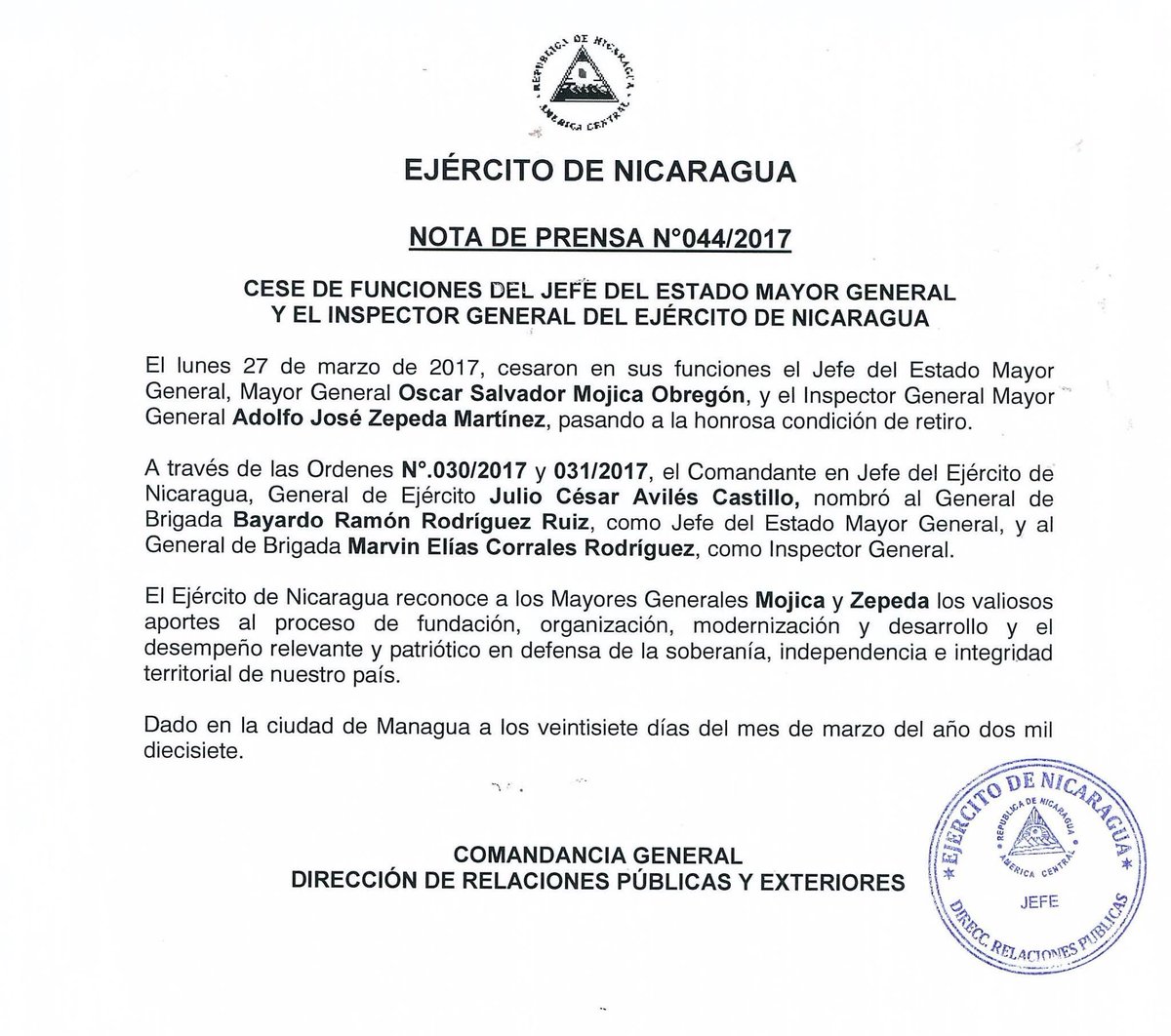 Notivos's tweet photo. El ejército de Nicaragua anunció el retiro del General Adolfo José Zepeda y el General Oscar Salvador Mojica.
#informaciónresponsable https://t.co/cnuBy4k8TV