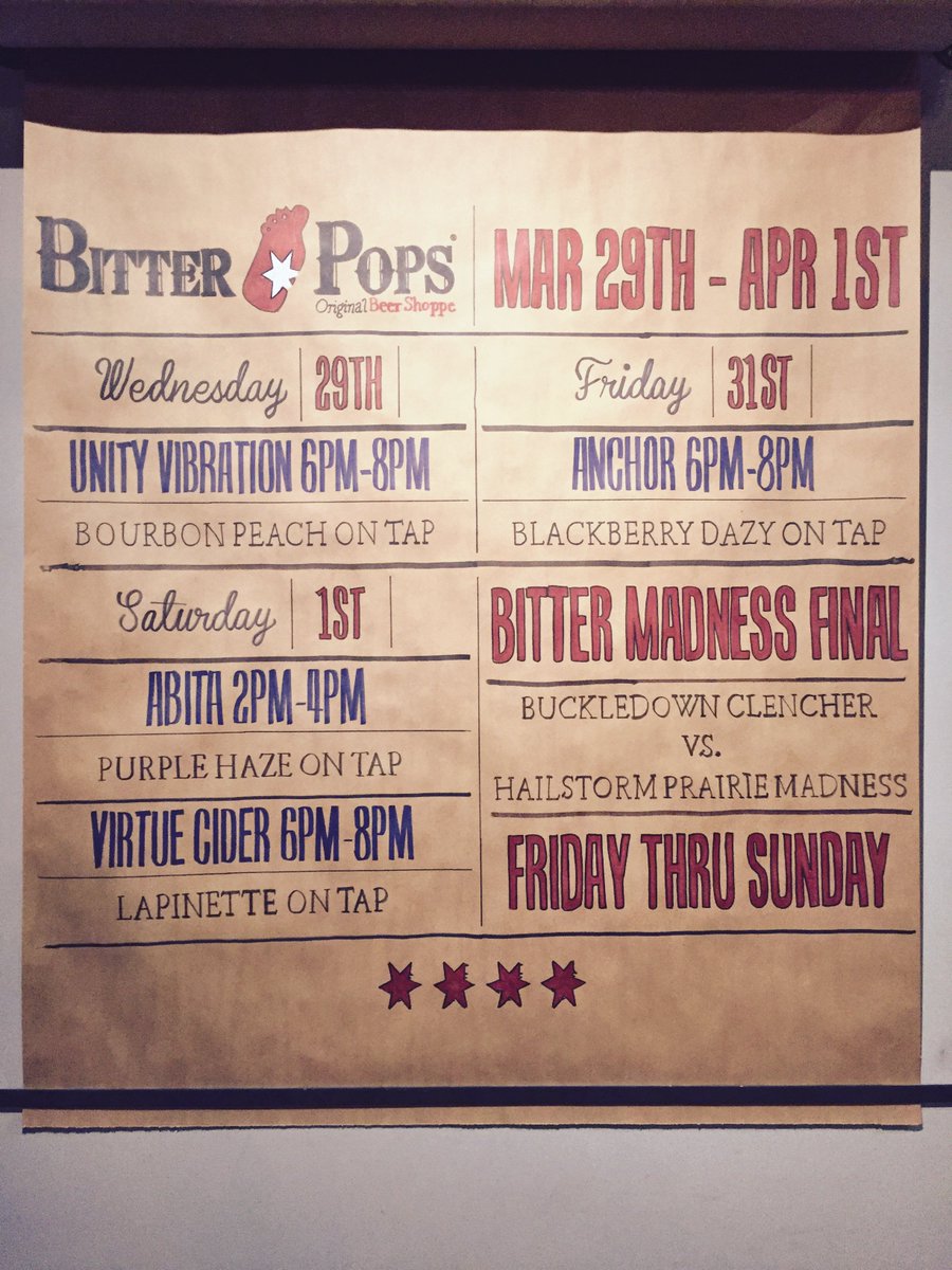 BitterPops's tweet photo. TASTINGS &amp; EVENTS THIS WEEK: #unityvibration @anchorbrewing @TheAbitaBeer @VirtueCider #bittermadnessfinals https://t.co/tzlj5c6SHP