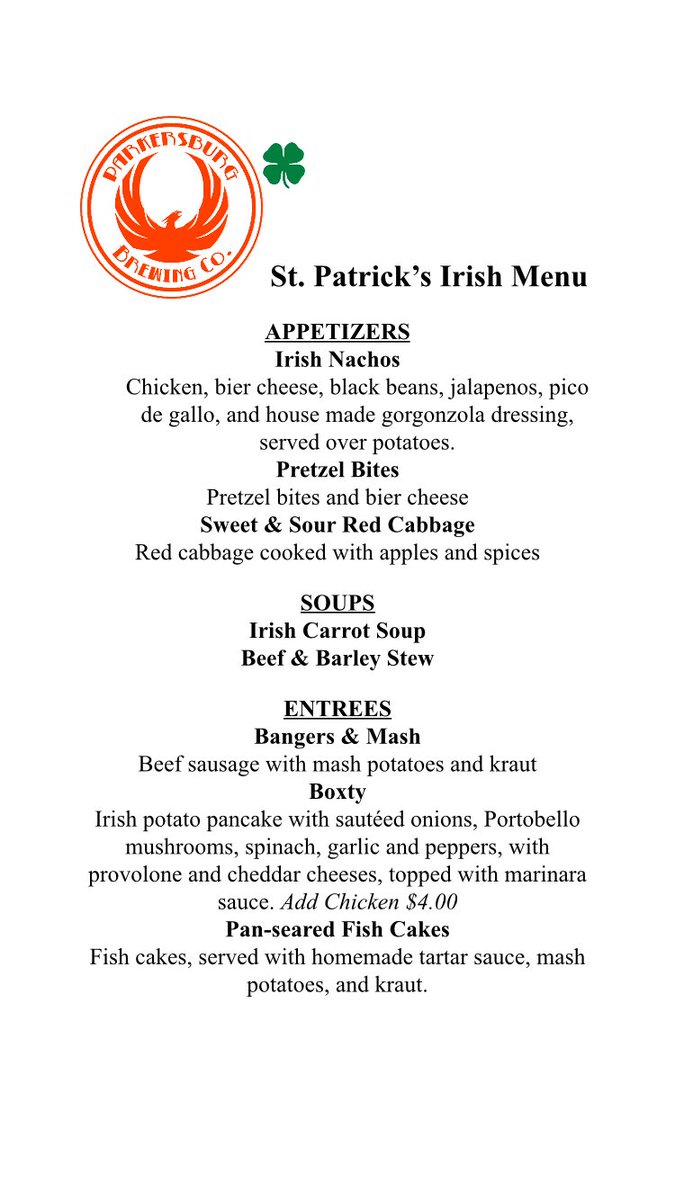 ParkersburgBrew's tweet photo. Sneak peek of the all Irish menu for our St Patrickβs Day Party! #wvcraftbeer #gotowv #stpatricksday2017 #irishmenu https://t.co/lZKbWZ30Lw