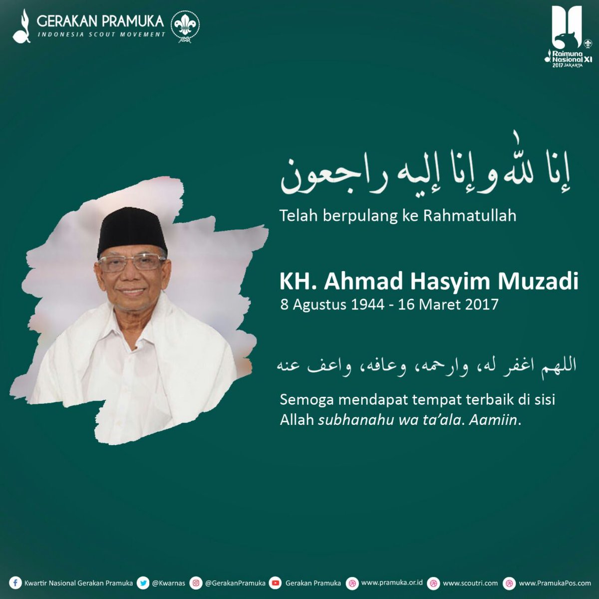 kwarnas's tweet photo. Kwarnas #GerakanPramuka turut berbelasungkawa atas wafatnya KH. Hasyim Muzadi, semoga alm. mendapat tempat terbaik di sisi-Nya. Aamiin. https://t.co/3Uv5qYFJ7v