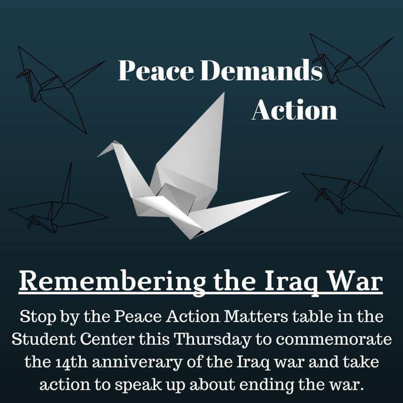PAMatHofstra's tweet photo. Stop by our table tomorrow in the Student Center to take action in speaking out against the Iraq War! https://t.co/Hv317kWXyL