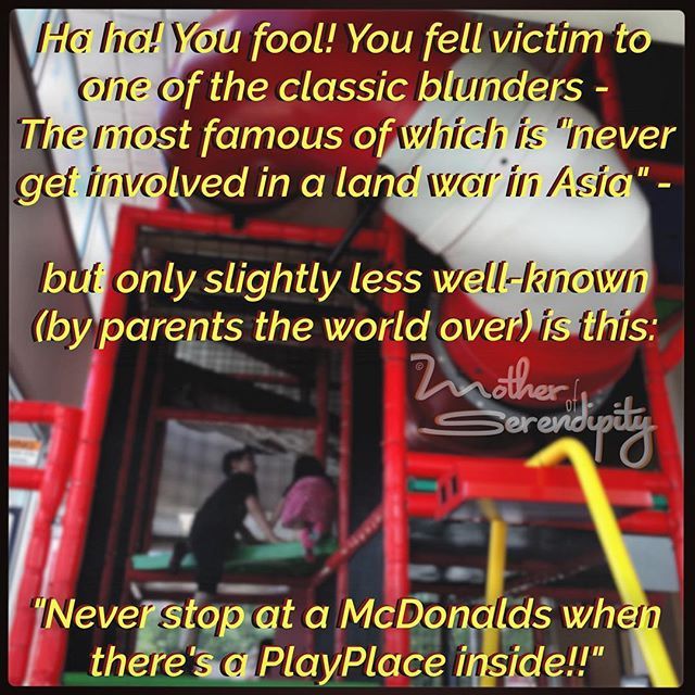 Serendipity1974's tweet photo. That time we fell victim to one of the #ClassicBlunders: Never stop at a McDonalds when there's a PlayPlace inside! #RookieMistake #MomLife https://t.co/XsGu8VrPY7