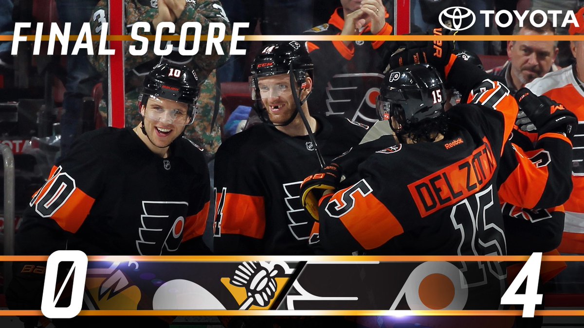 NHLFlyers's tweet photo. #FLYERS shut out the Penguins, 4-0!!! 😎 #PITvsPHI

Back at it tomorrow in New Jersey, 7pm. https://t.co/cTQyR2CAND