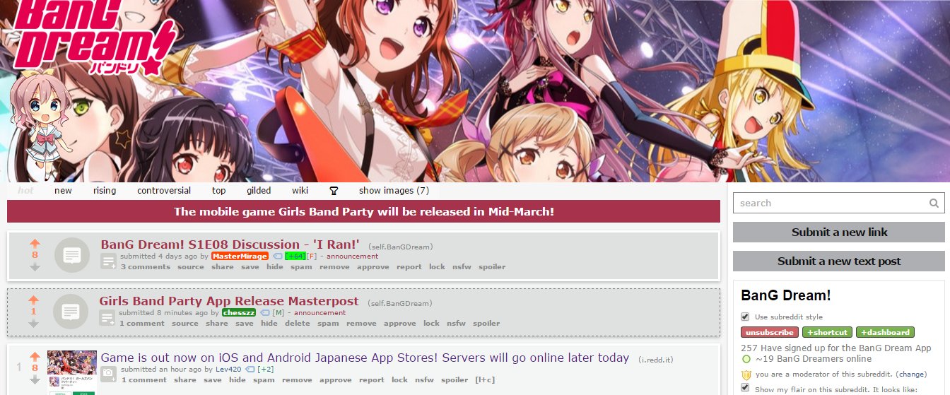 BanG Dream! Updates on X: Just a quick ad for our partners, we have a  subreddit over at /r/BanGDream, where you can share comments and links!    / X